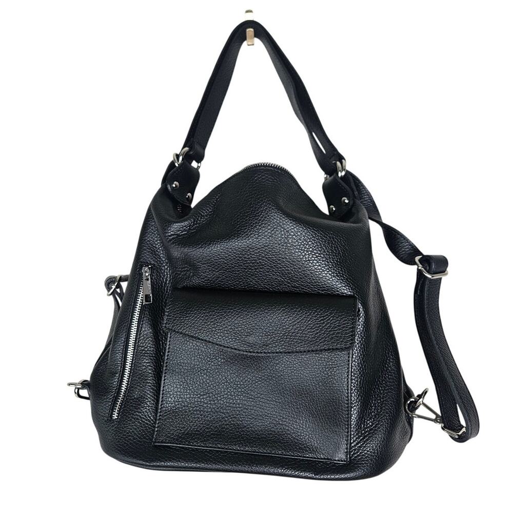 Borse in Pelle Italian Leather Black Pebbled Hobo Backpack Minimalist Classic